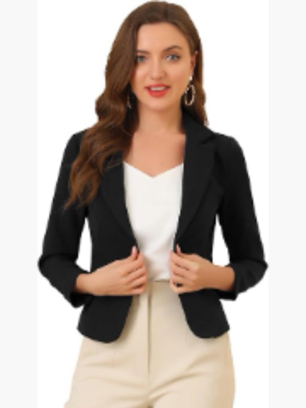 Lightweight Polyester Spandex Crop Blazer Open Front Notched Lapel
